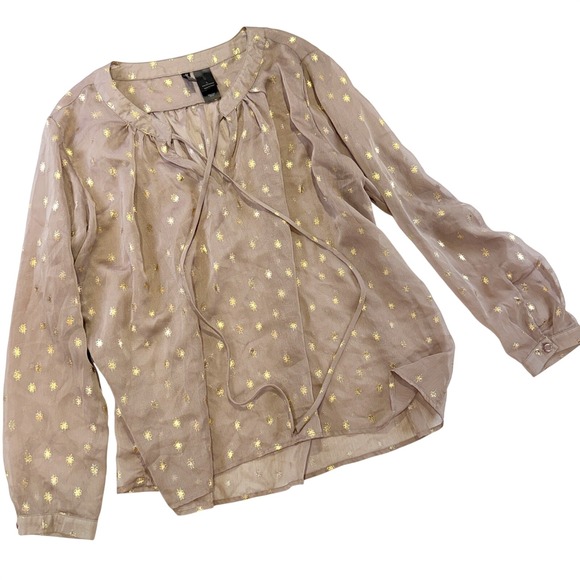 Bisou Bisou Tops - Bisou Bisou Michele Bohbot Gold Starburst Sheer Blouse Taupe Brown L  328C4